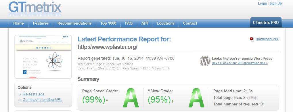 GTmetrix performance report for WpFASTER.org generated on 9/15/2014. 